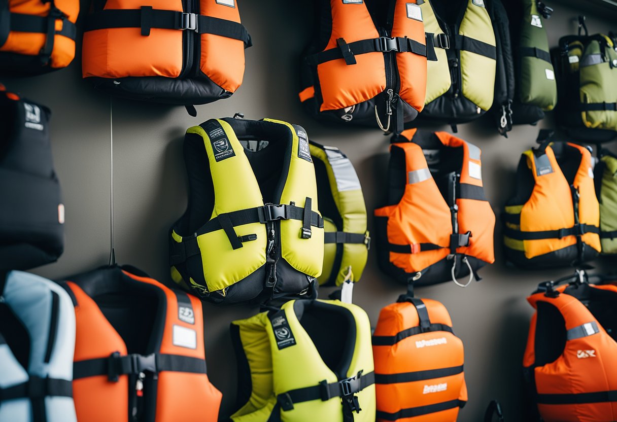 A person is selecting a life jacket and PFD for kayak fishing, examining different options and checking for proper fit and compliance with regulations