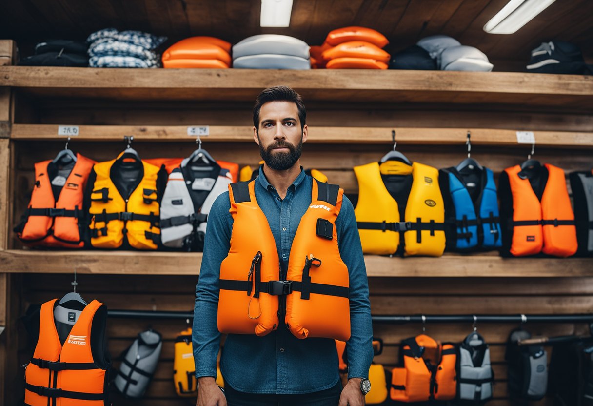 A person carefully selecting a life jacket and PFD for kayak fishing, examining various options and reading product labels for top picks and recommendations