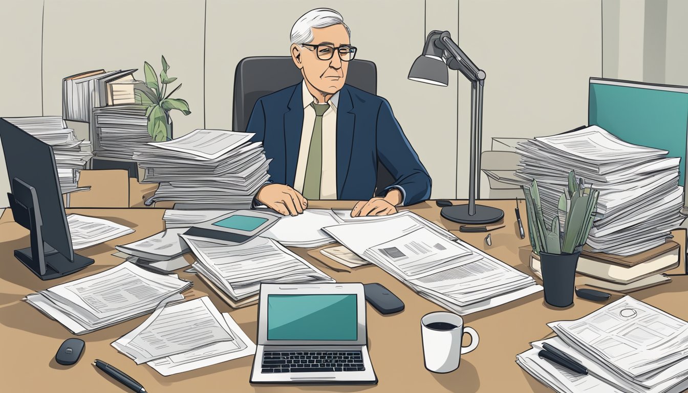 A person researching retirement plans, surrounded by documents and a computer, with a thoughtful expression