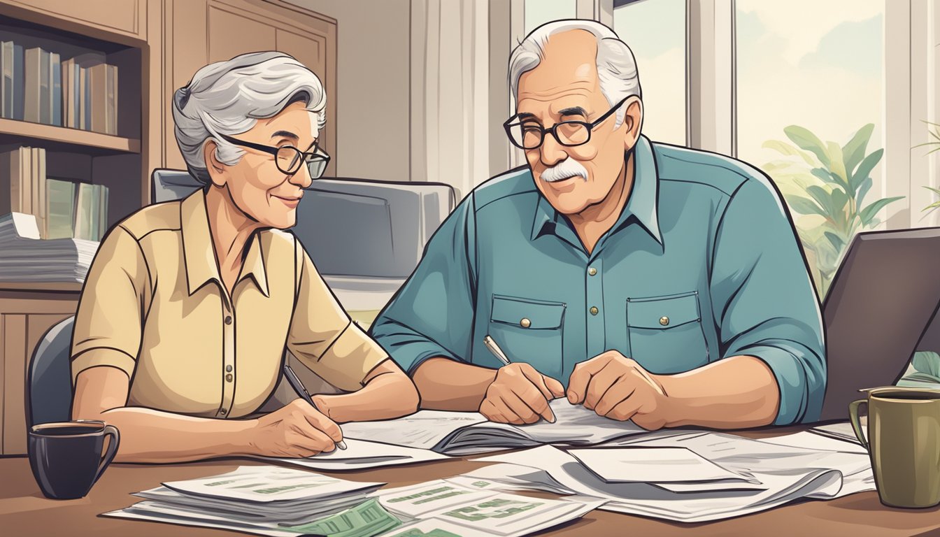 A senior couple sits comfortably, surrounded by financial documents and charts. A shield emblem of "Insurance and Protection in Retirement" stands prominently in the background