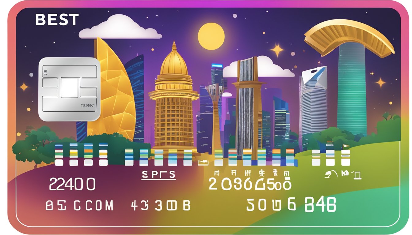 A credit card surrounded by iconic Singapore landmarks and symbols, with a glowing "best rewards" label above it
