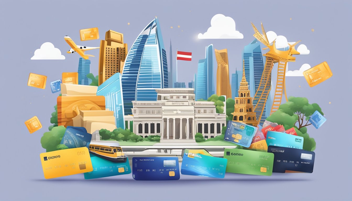 A credit card surrounded by iconic Singaporean landmarks, with rewards like shopping bags, travel tickets, and dining vouchers floating around it