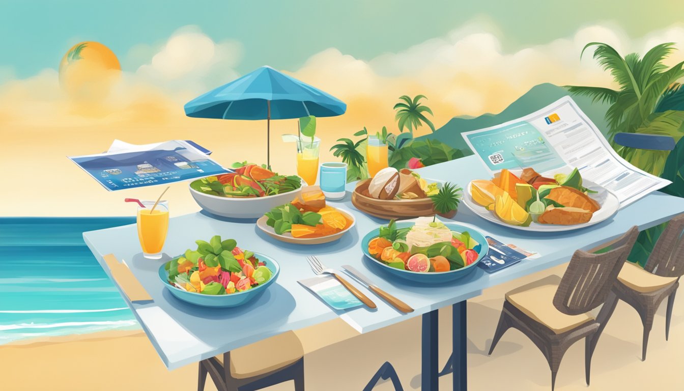 A table set with gourmet dishes and travel brochures, surrounded by a city skyline and tropical beach, representing top rewards credit cards