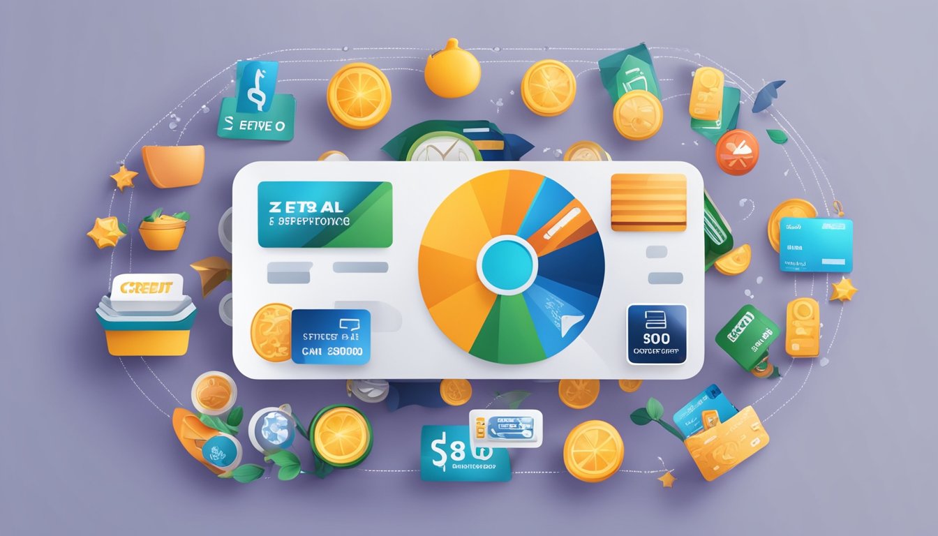 A credit card surrounded by icons representing various benefits such as travel, dining, shopping, and cashback. The card is positioned in the center with the benefits surrounding it in a circular pattern