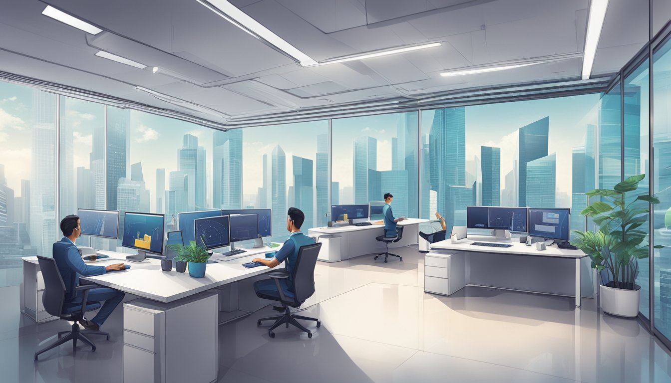 A sleek, futuristic office in Singapore with a prominent "Best Robo Advisor" sign, cutting-edge technology, and a diverse team collaborating on innovative financial solutions