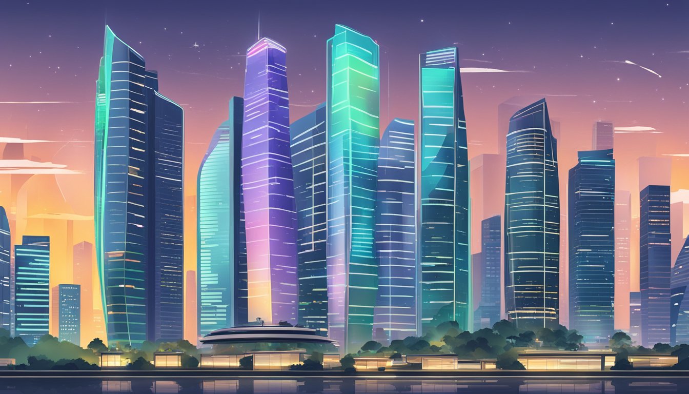 A futuristic city skyline with digital screens displaying "Top Robo Advisors in Singapore" and a sleek, modern office building representing the best robo advisor in Singapore