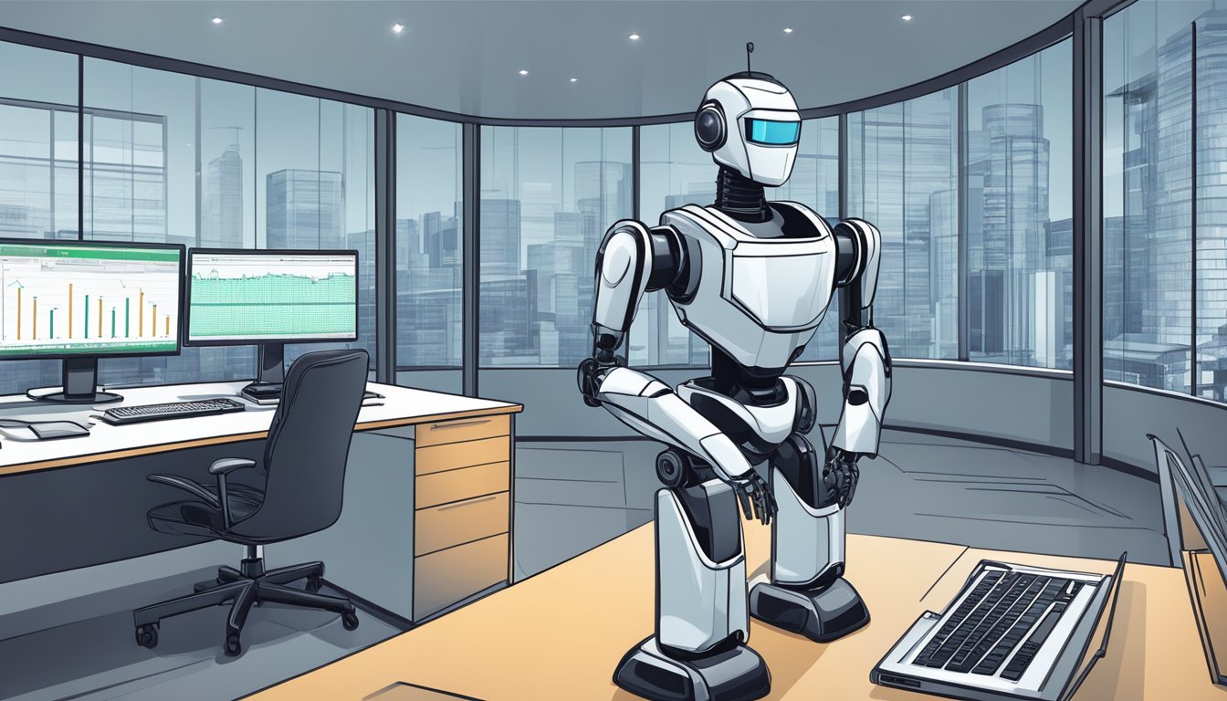 A sleek, modern office with a computer screen displaying investment data, charts, and graphs. A robot advisor stands ready to assist