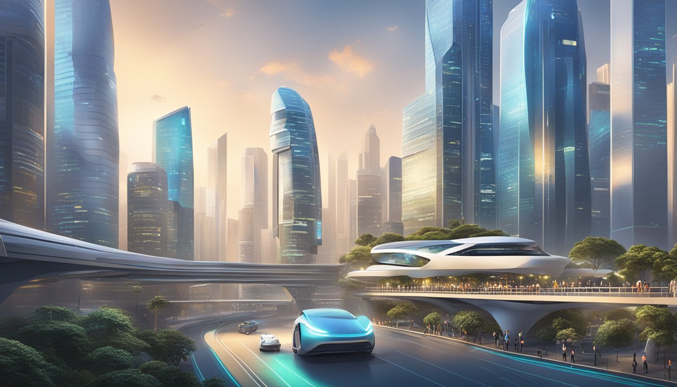 A futuristic cityscape with sleek, advanced buildings and autonomous vehicles, showcasing the cutting-edge technology and innovation of robo advisory in Singapore