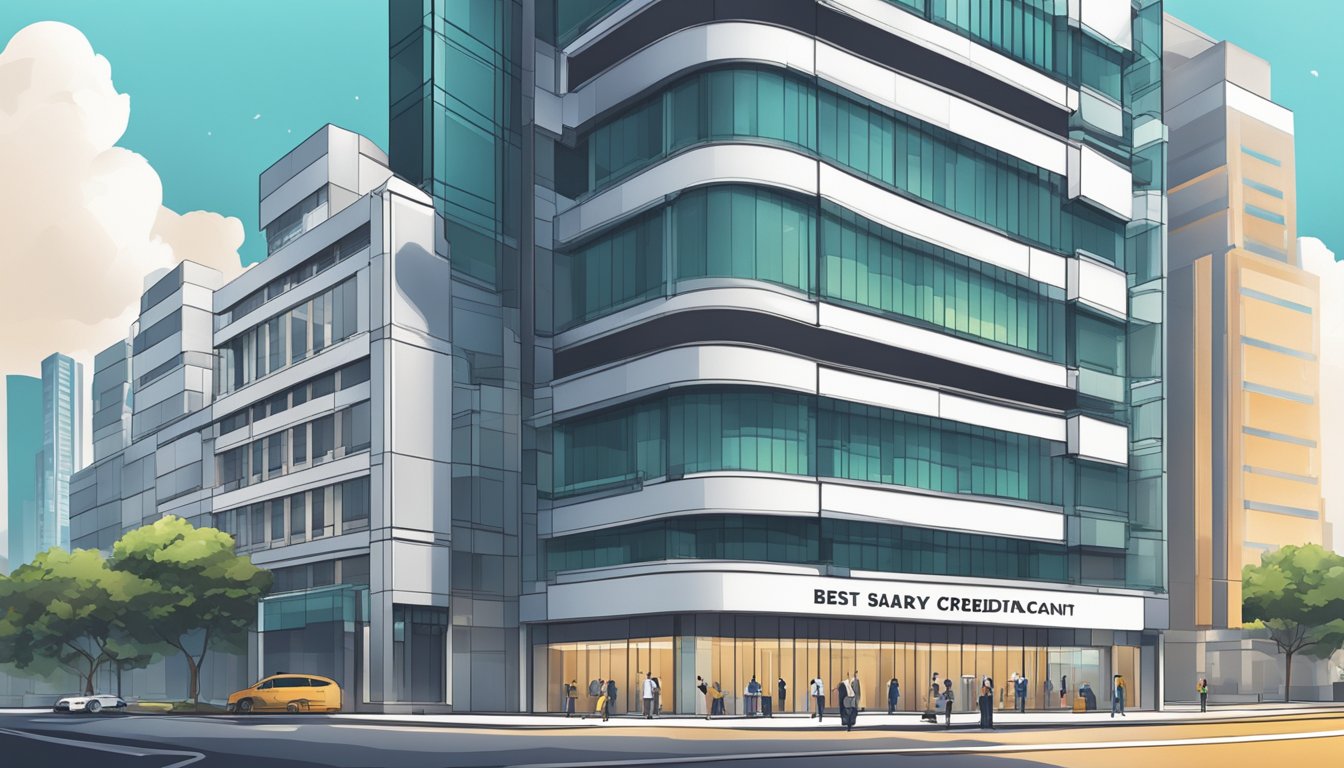 A sleek, modern bank building in Singapore with a sign advertising "Best Salary Crediting Account" in bold letters