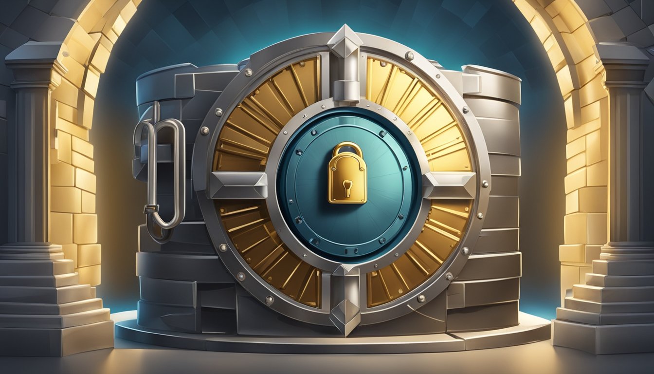 A secure vault with a shining padlock, surrounded by a shield and a fortress, symbolizing protection for savings