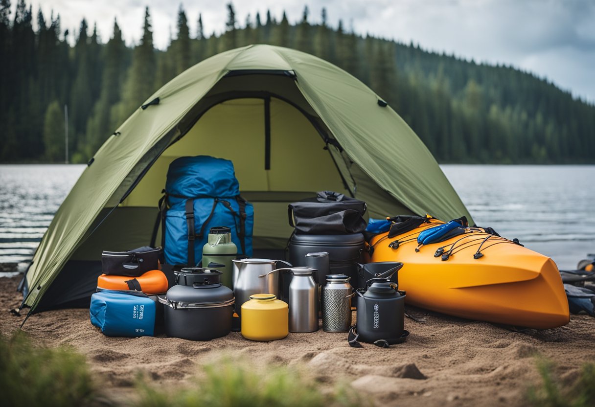 A pile of camping gear including a tent, sleeping bag, portable stove, cooking utensils, dry bags, and a compact kayak stacked neatly on the shore