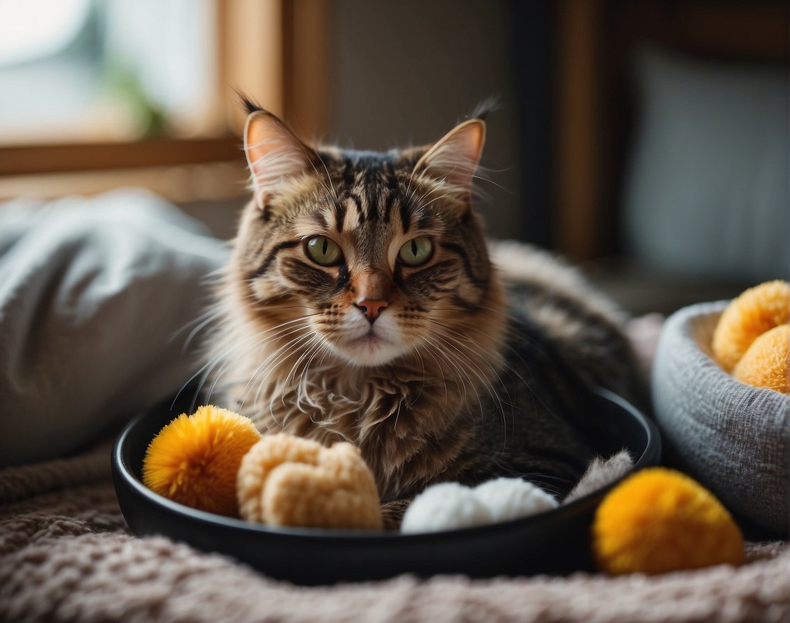 A pregnant cat lying in a cozy nest, surrounded by soft blankets and toys. A bowl of fresh water and nutritious food nearby