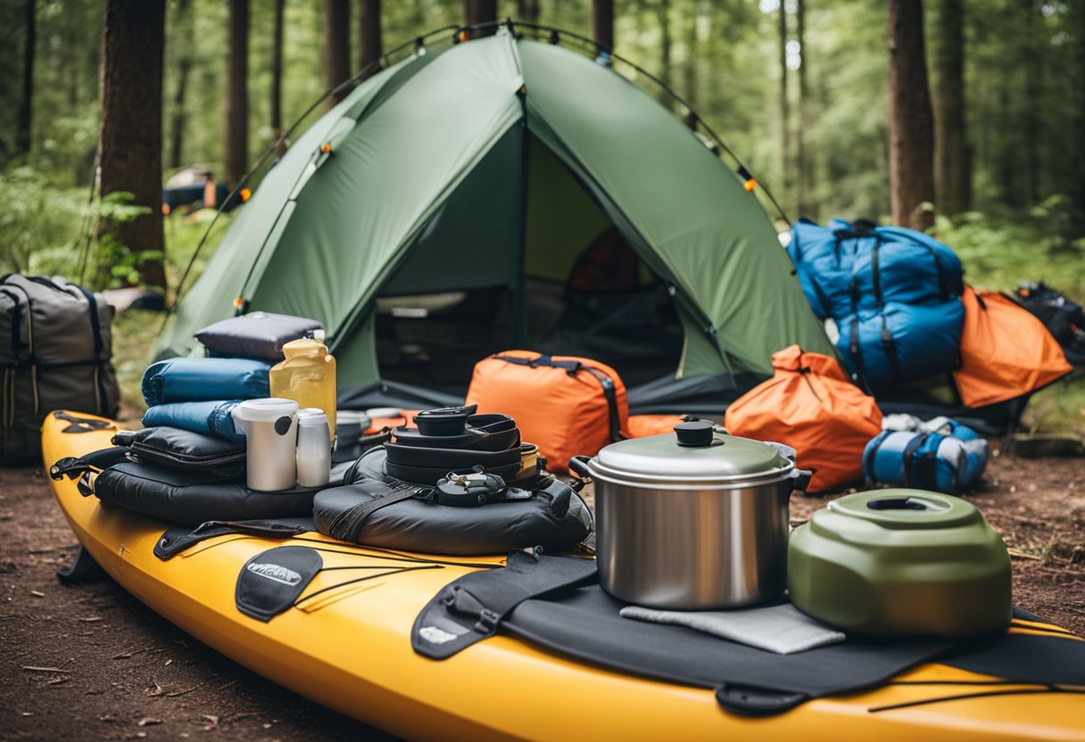A pile of camping gear including a tent, sleeping bag, stove, and food supplies next to a selection of kayaks and paddles