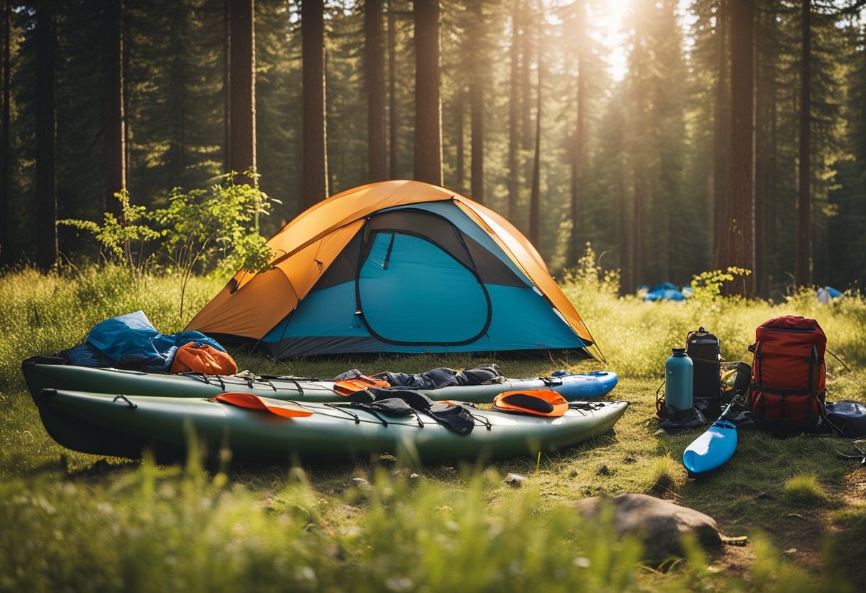 A pile of essential paddling gear laid out on a grassy campsite: tent, sleeping bag, dry bags, stove, water filter, and a kayak secured on the shore