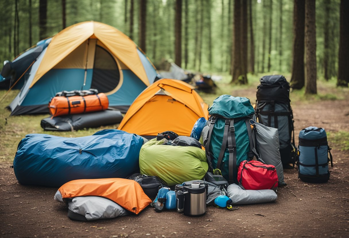 A pile of camping gear including a tent, sleeping bag, cooking stove, dry bags, and a kayak is laid out on the ground