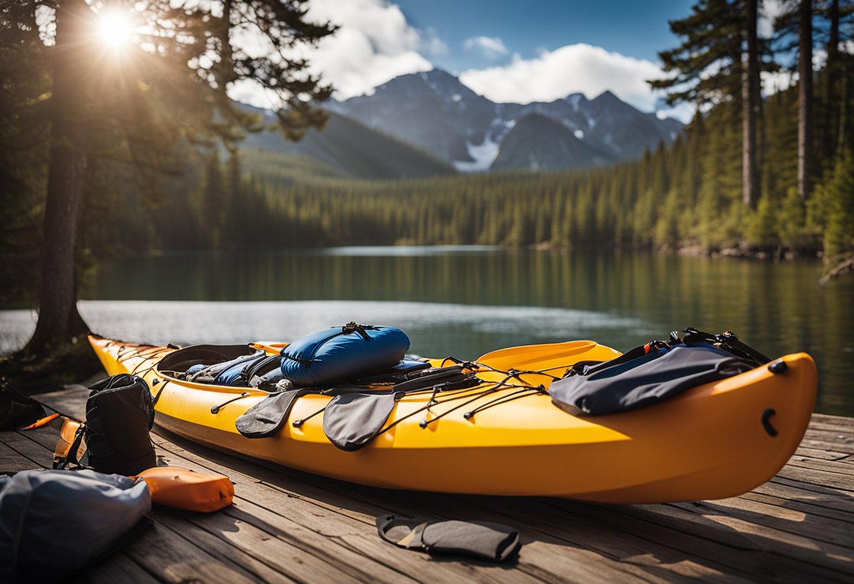 A kayak loaded with camping gear: tent, sleeping bag, cooking supplies, and dry bags strapped to the deck. Paddle and life jacket secured on top