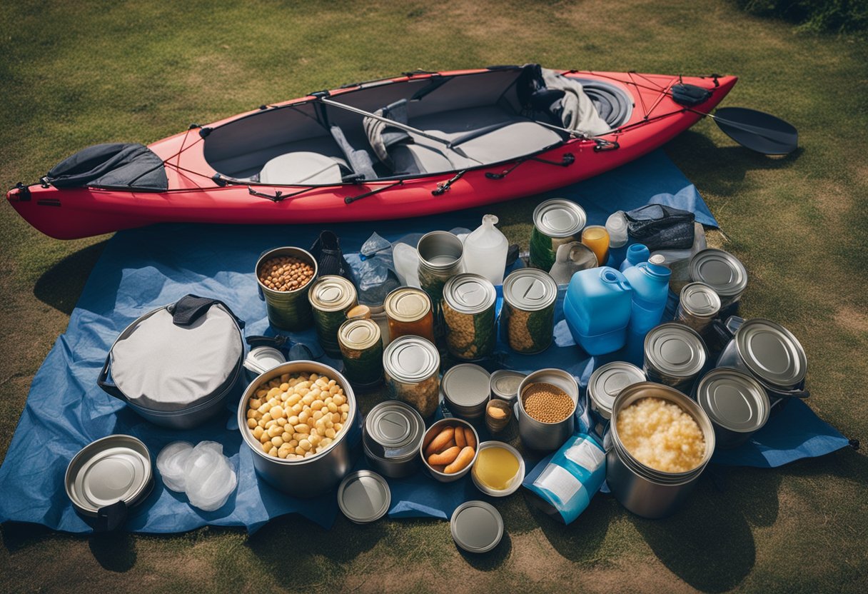 A pile of canned food, water jugs, and camping gear laid out on a tarp next to a kayak, ready for a budget-friendly camping trip