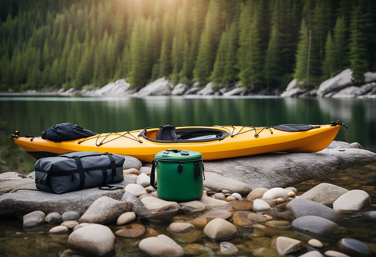 A kayak loaded with camping gear: tent, sleeping bag, stove, food, water, and minimal waste. All items securely stored and organized for a budget-friendly trip