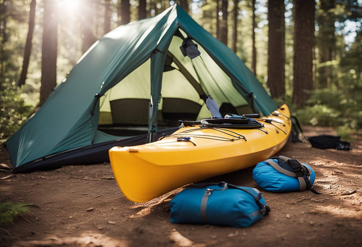 A kayak loaded with camping gear, including a tent, sleeping bag, cooking supplies, and a cooler, all strapped down securely for a budget-friendly adventure