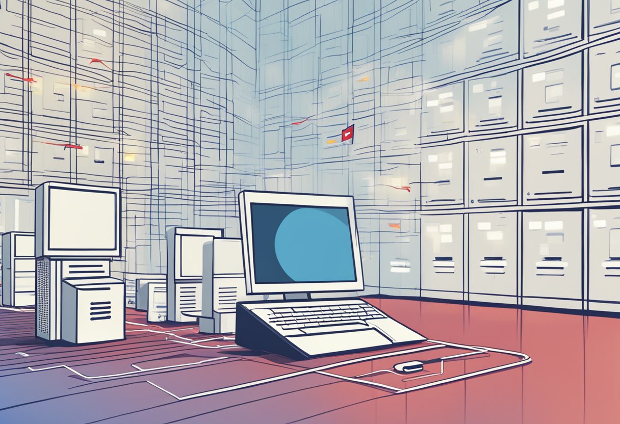 A computer screen displays a message: "Referral Was Returned from the Server" with a red error symbol. The background shows a network of interconnected servers and data transferring between them