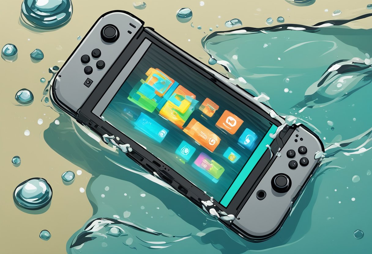 A Nintendo Switch lies partially submerged in water, with visible signs of damage. Surrounding area shows signs of water damage