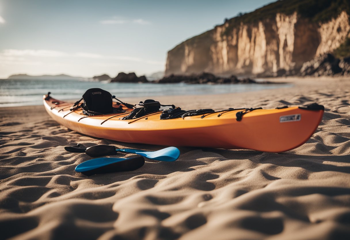 A sea kayak with paddle, life jacket, and waterproof gear on a sandy beach with crashing waves and rocky cliffs in the background