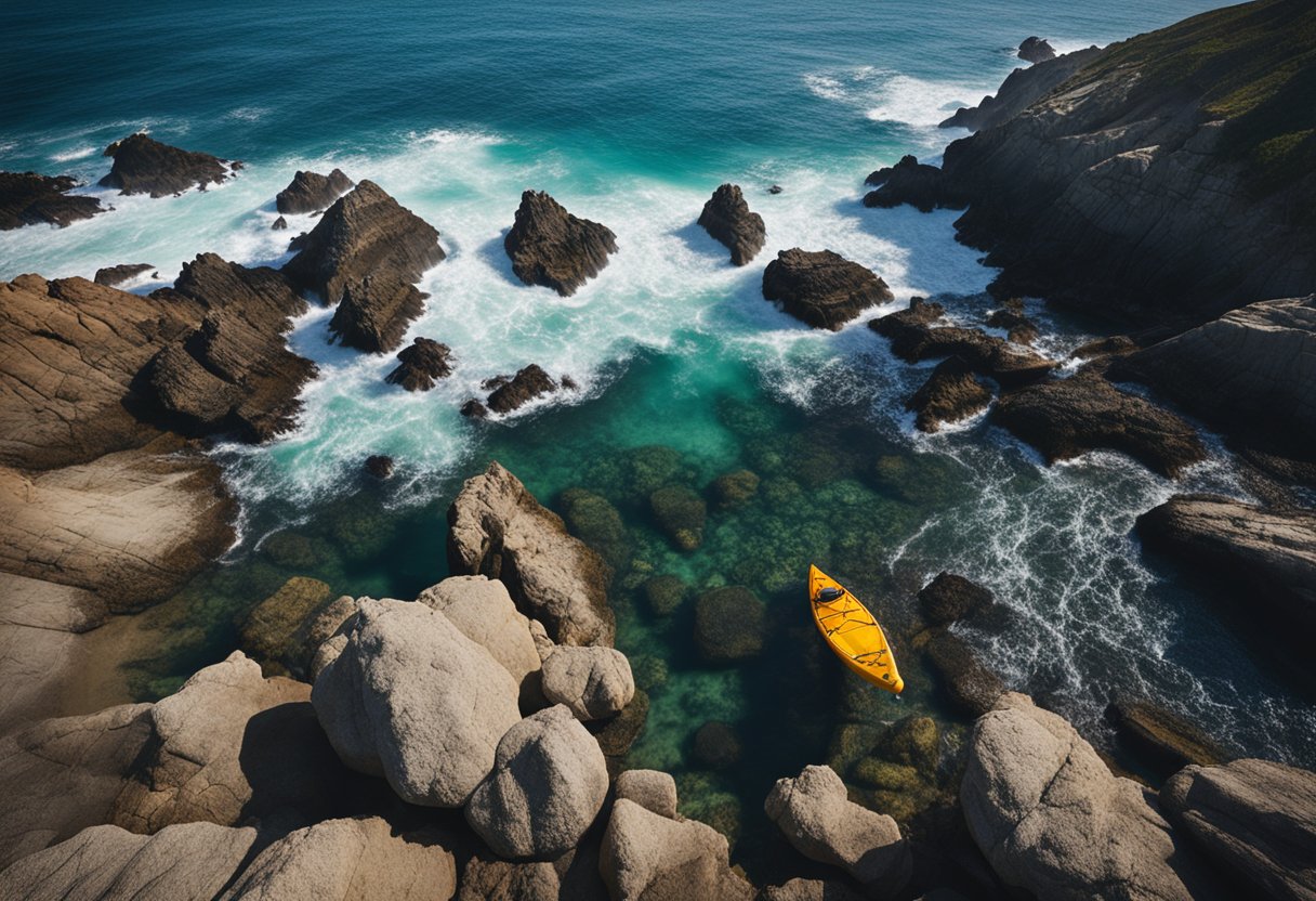 Crystal clear waters and rugged coastline, with sea kayaks gliding along the California coast. Rocky cliffs and diverse marine life visible below