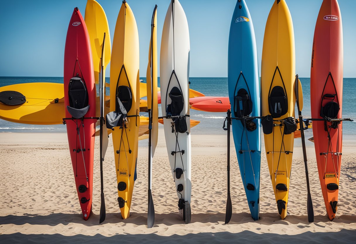 Kayaks lined up on a sandy beach, with calm waves and a clear blue sky. Signs displaying safety tips and regulations are posted nearby