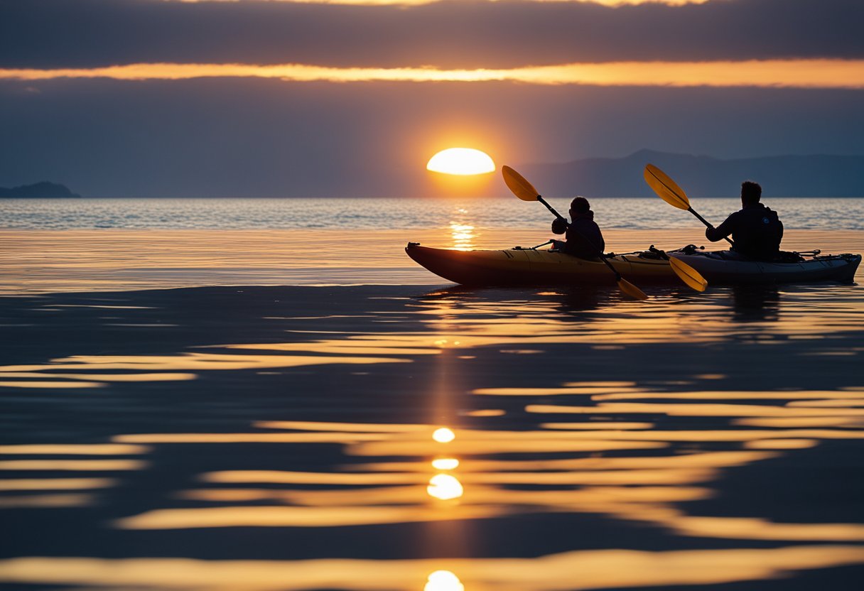 Sea kayaks glide along the rugged California coastline, passing by diverse marine life and pristine natural habitats. The sun sets over the horizon, casting a warm glow on the serene waters