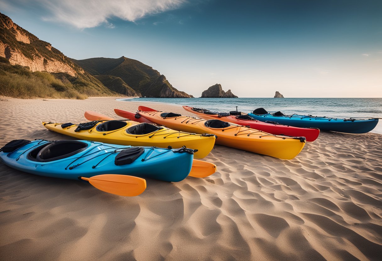 Kayaks and gear laid out on a sandy beach, with a backdrop of rugged cliffs and calm ocean waters