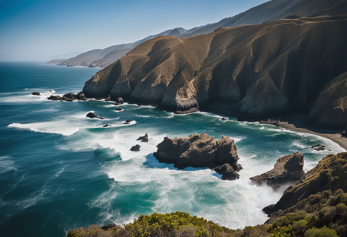 Kayaks glide along rugged California coastline, framed by cliffs and crashing waves, with abundant marine life and hidden coves