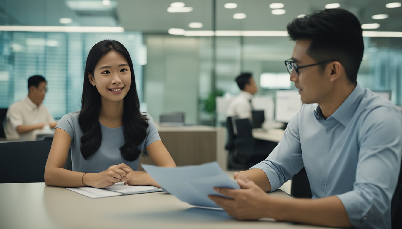 A foreigner sits in a bank office in Singapore, speaking with a loan officer. The officer reviews documents and discusses terms with the foreigner