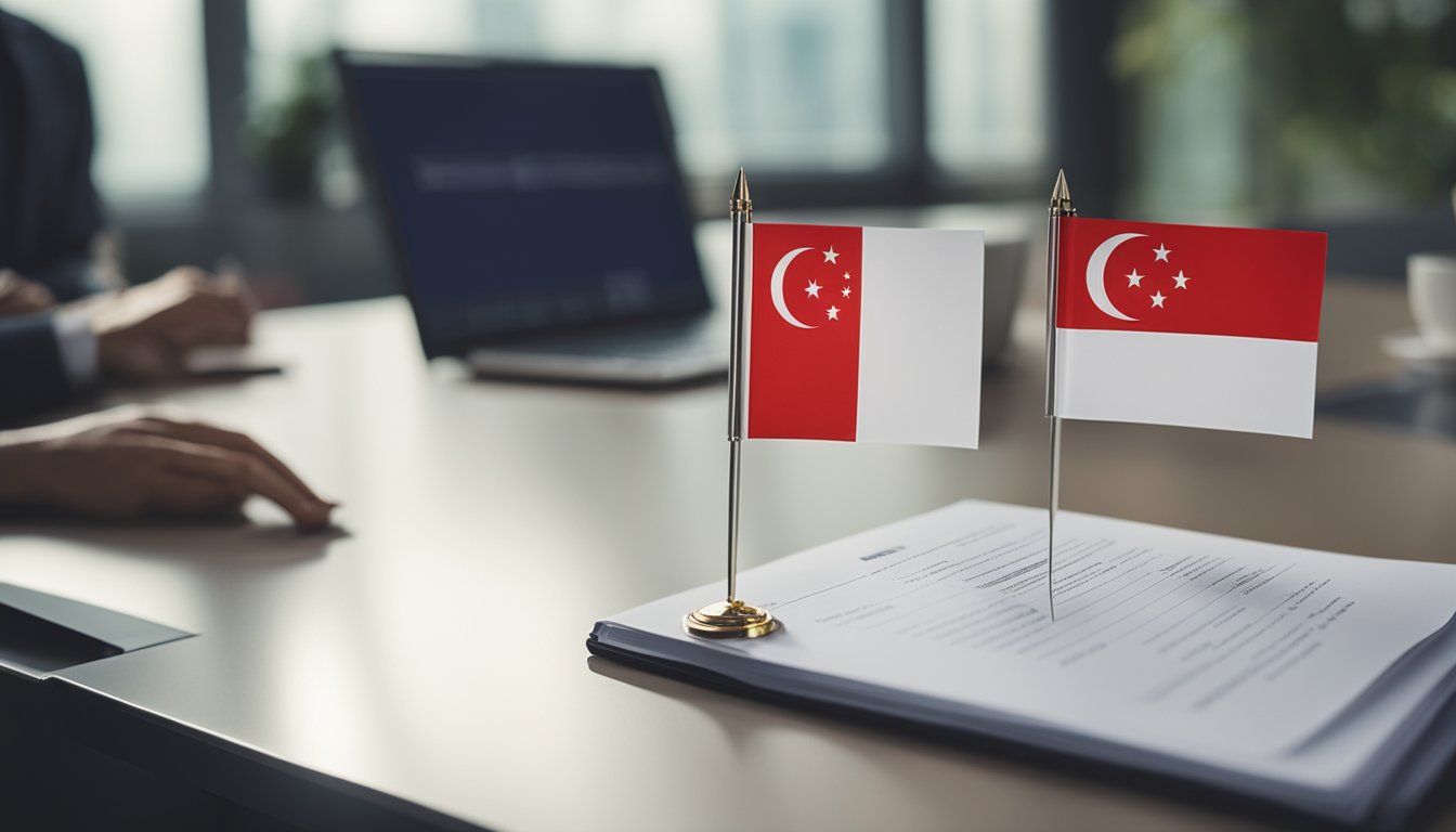 Foreigners reviewing loan criteria in Singapore. Text and documents on a desk with a laptop and pen. Singaporean flag in the background