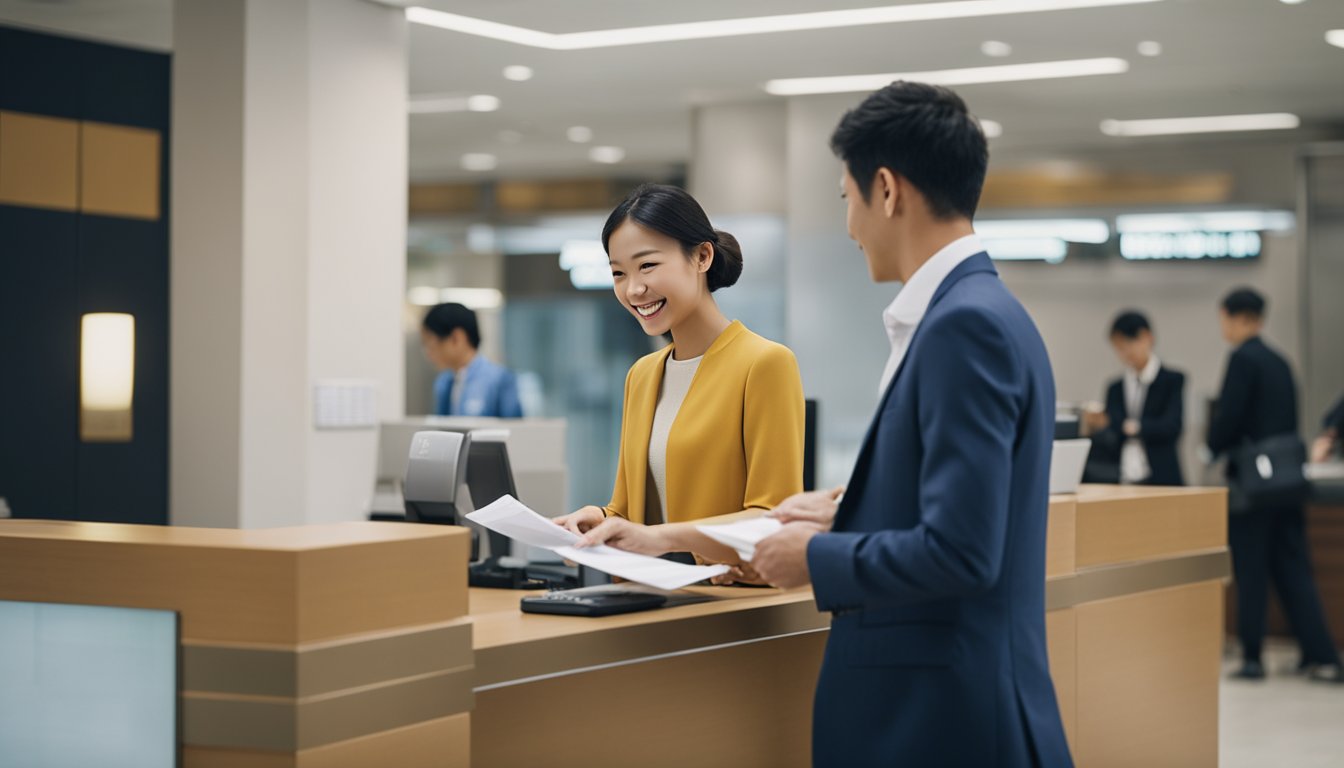 A bank teller handing over loan documents to a foreigner in a Singaporean bank. The foreigner is signing the papers with a smile on their face
