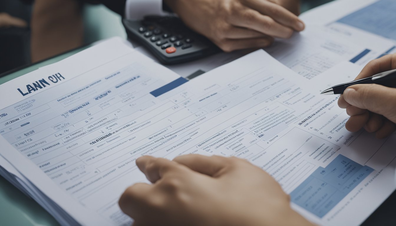 Foreigners fill out loan application forms at a Singapore bank, while a representative assists them with the process