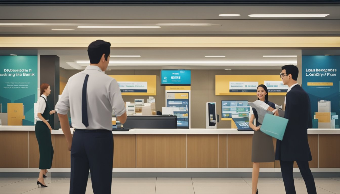 A foreigner walks into a bank in Singapore, discussing loan options with a local banker. The banker gestures towards a brochure detailing the requirements and considerations for foreigners seeking loans in the country