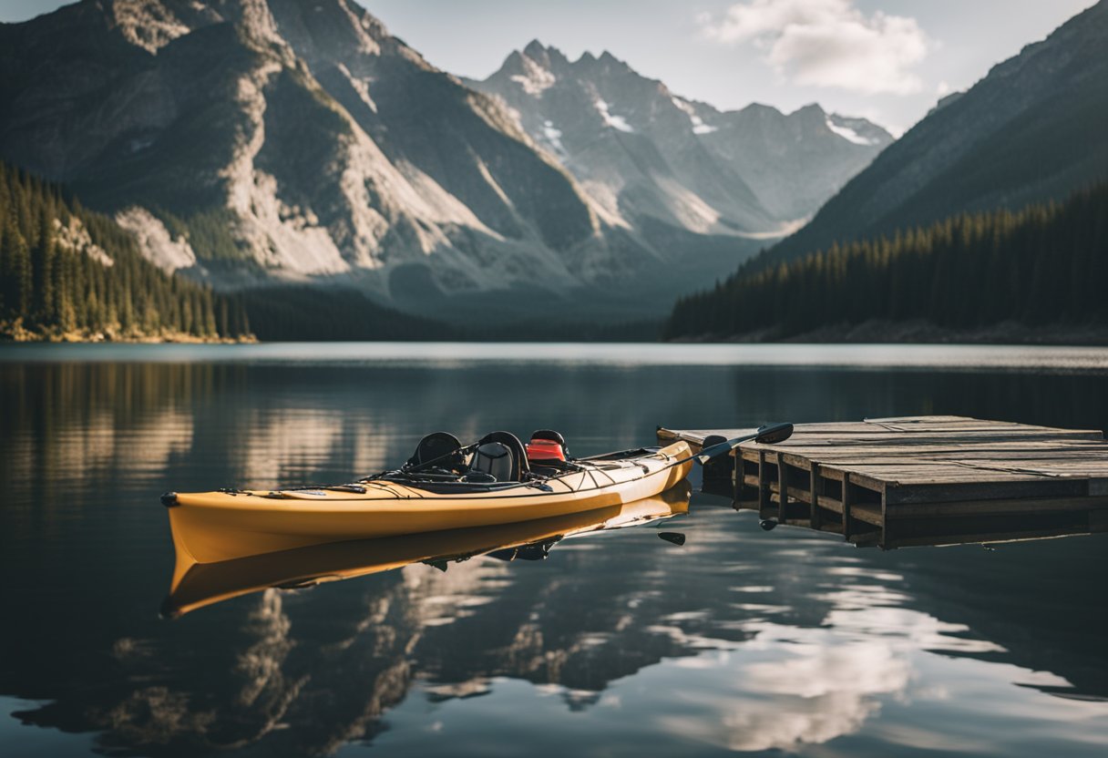 A kayak with fishing rod holders, storage crates, and anchor system, set against a calm lake with a mountain backdrop