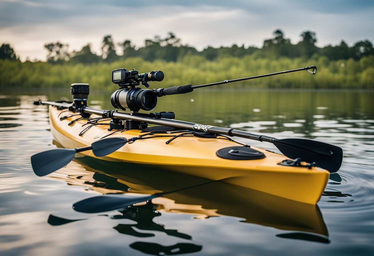 A kayak with fishing rod holders, storage compartments, and a fish finder mounted on the deck. Paddle, anchor, and tackle box secured on board