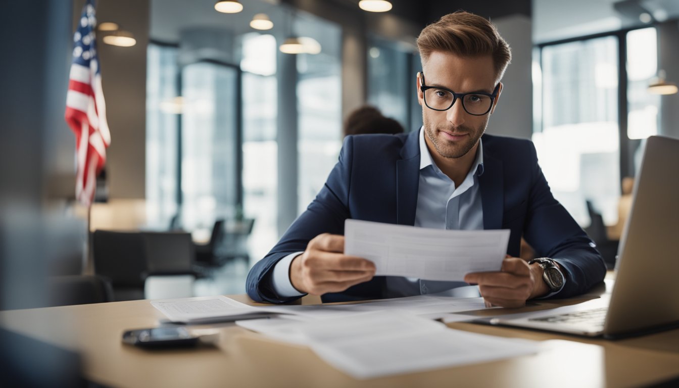 A foreigner sits at a desk, surrounded by financial documents and a laptop. A bank representative gestures towards a loan application form