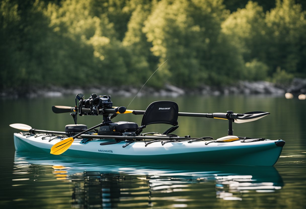 A kayak with customized mounting systems and storage solutions for fishing gear. Rod holders, tackle boxes, and anchor trolley visible