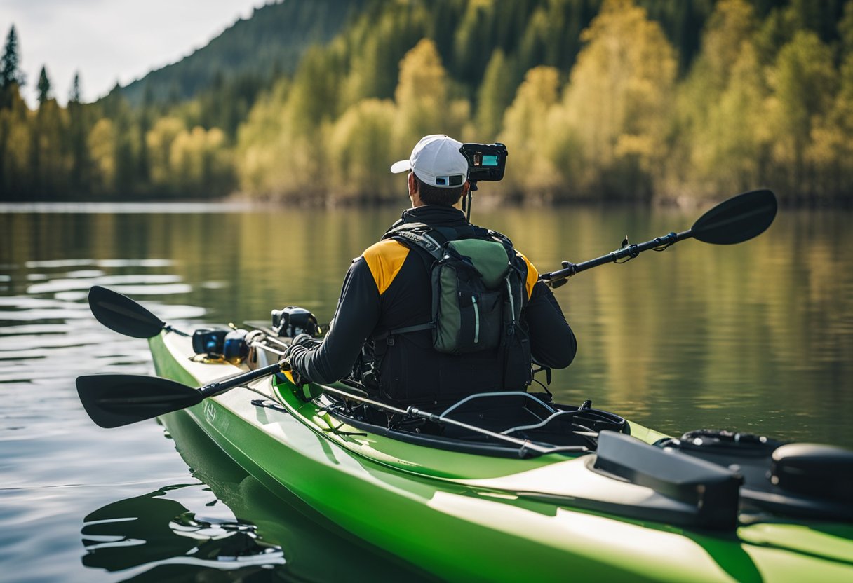 A kayak with custom electronics and navigation equipment for fishing, including rod holders, GPS, and depth finders