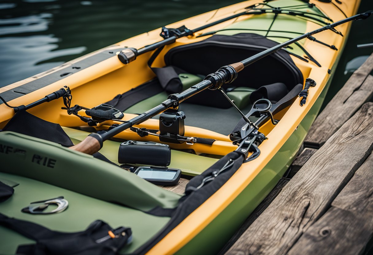 A kayak with customized rigging for fishing, featuring rod holders, storage compartments, and anchor systems