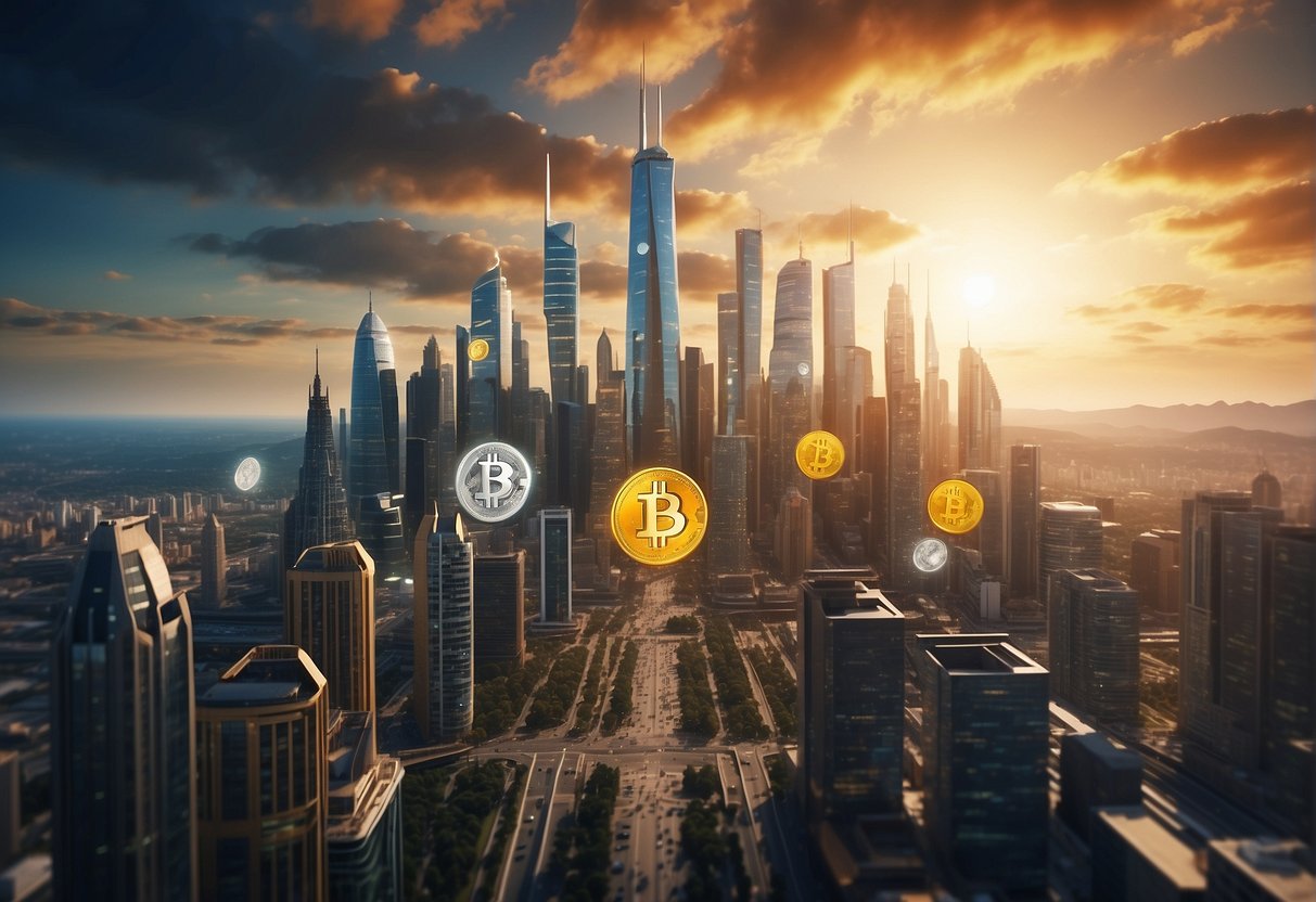 A futuristic city skyline with Bitcoin and altcoin symbols floating in the air, representing the differences in investing in cryptocurrencies
