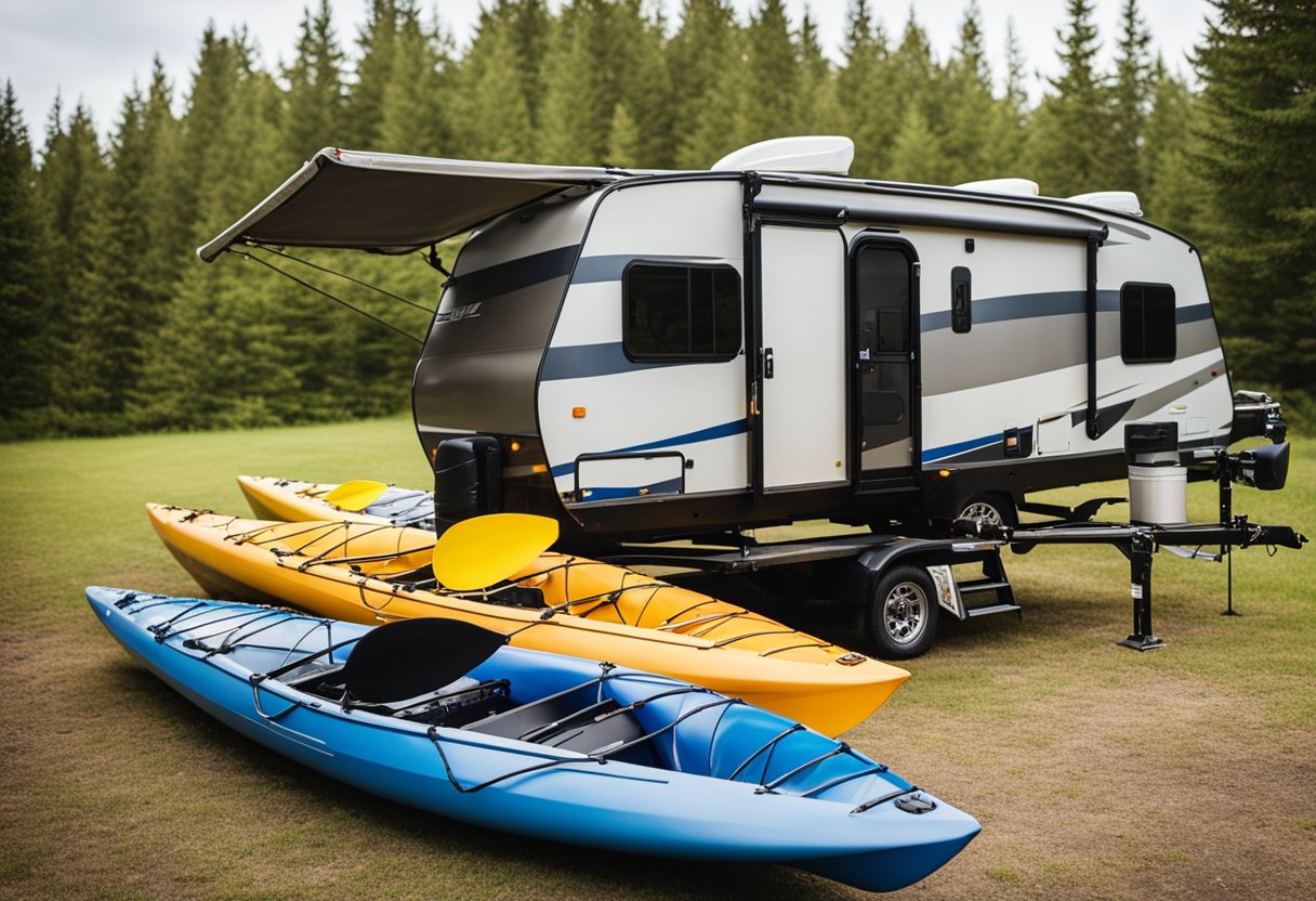 An RV towing two kayaks on a trailer, with tie-down straps securing the kayaks. Safety flags attached to the ends of the kayaks