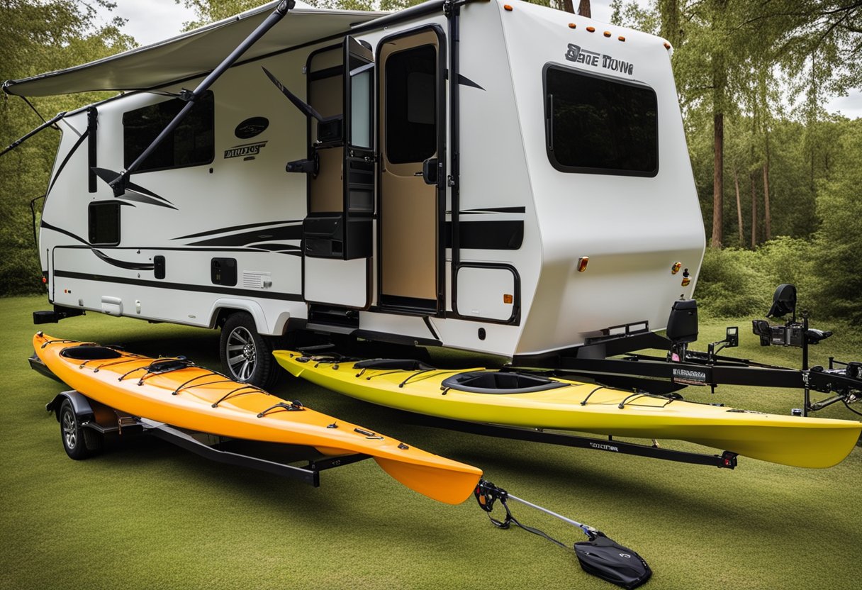 An RV towing two kayaks with proper tie-down straps and safety flags attached. Hitch receiver and trailer wiring harness visible