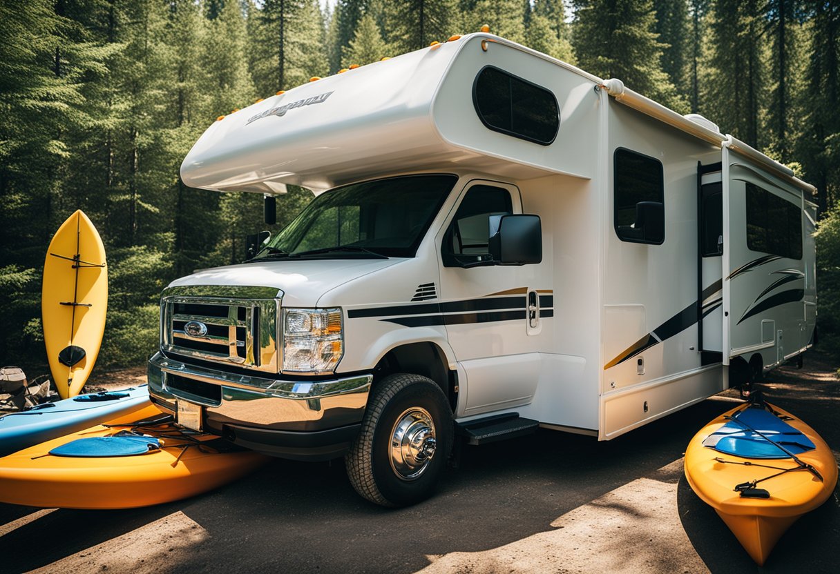 An RV is parked with kayaks securely tied to the back. Safety gear, including life jackets and paddles, is neatly organized nearby. The sun is shining, and the scene exudes a sense of excitement and anticipation for the upcoming adventure