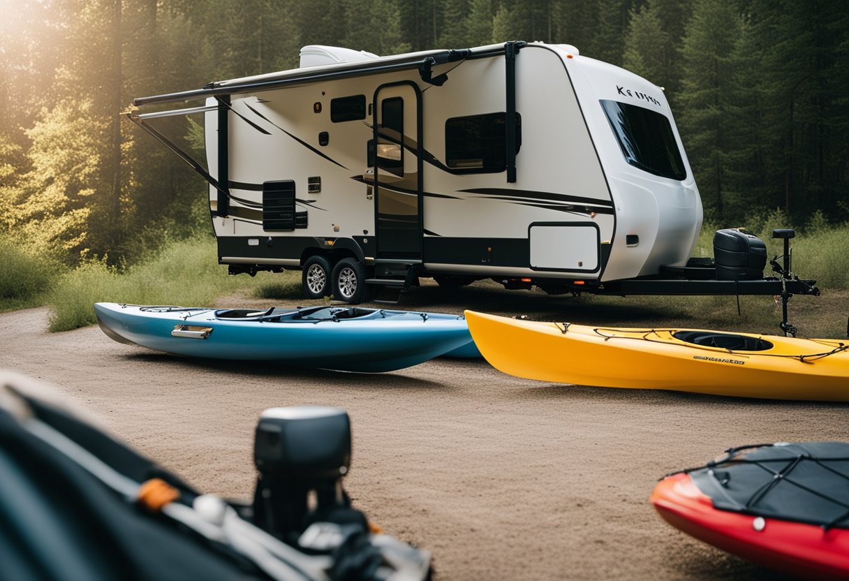 An RV towing two kayaks with proper safety equipment and tips displayed nearby
