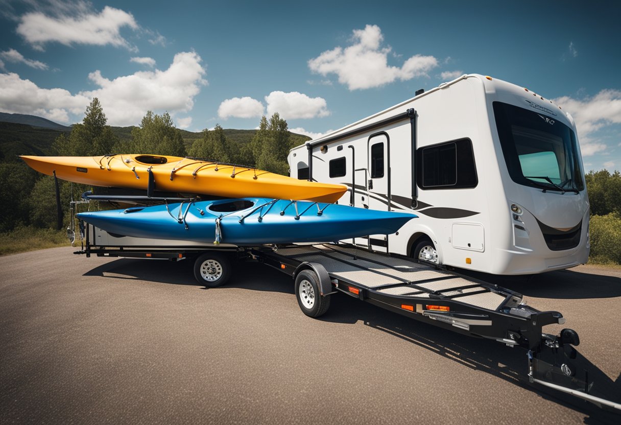 An RV towing two kayaks on a trailer, with safety equipment visible and secure storage compartments