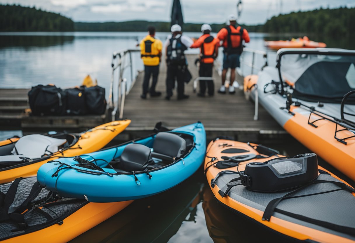 An RV towing kayaks, equipped with safety gear, including life jackets and ropes, for emergency procedures