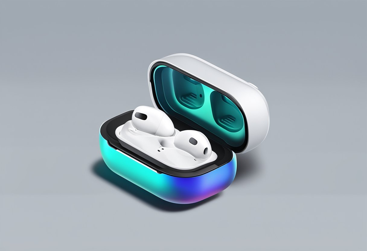 The Airpod case sits on a flat surface, with the indicator lights flashing white